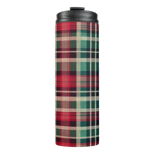 Red Cream Green Plaid Stripes Thermal Tumbler (Front)