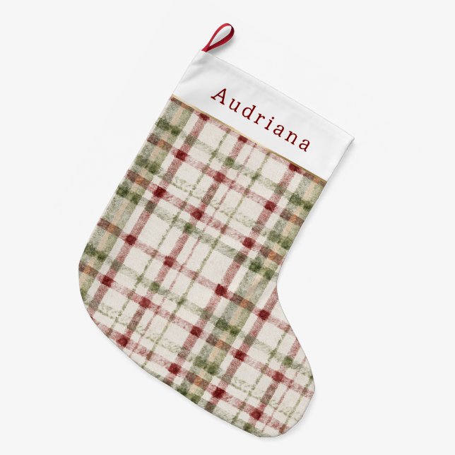Red Cream Green Stripes Christmas Large Christmas Stocking (Front (Hanging))