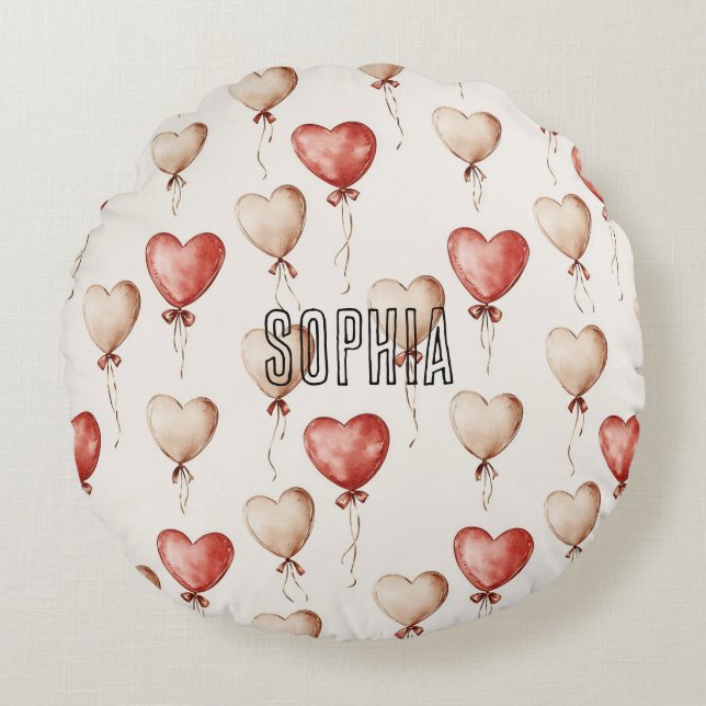 Red Cream Heart Balloons Baby Shower Round Cushion (Front)