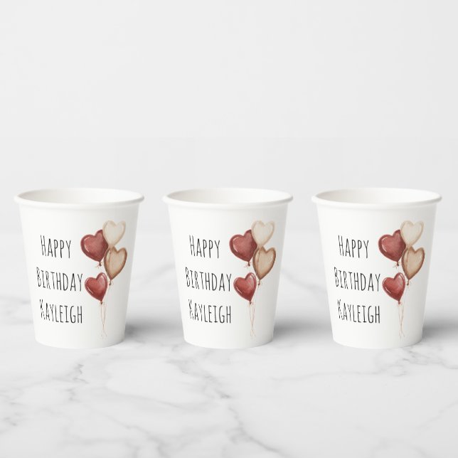 Red Cream Heart Balloons Birthday Paper Cups (Multi)