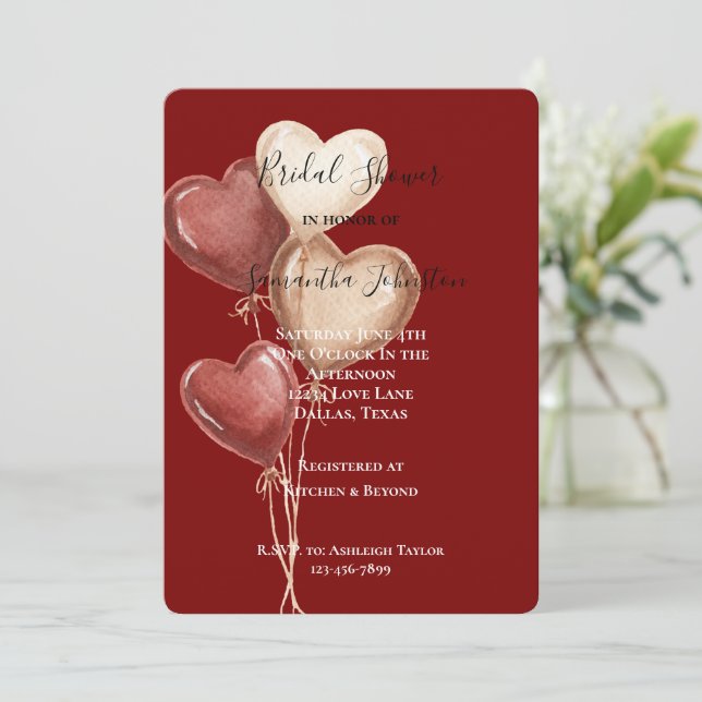Red Cream Heart Balloons Bridal Shower Invitation (Standing Front)