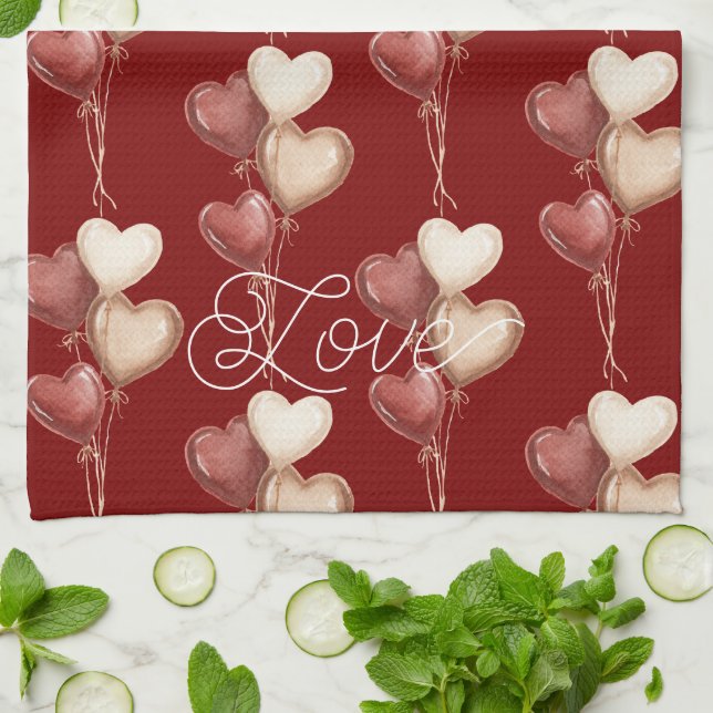Red Cream Heart Balloons Love  Tea Towel (Folded)