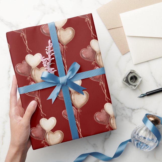 Red Cream Heart Balloons Love  Wrapping Paper (Gifting)