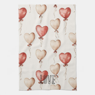 Red Cream Heart Balloons Tea Towel