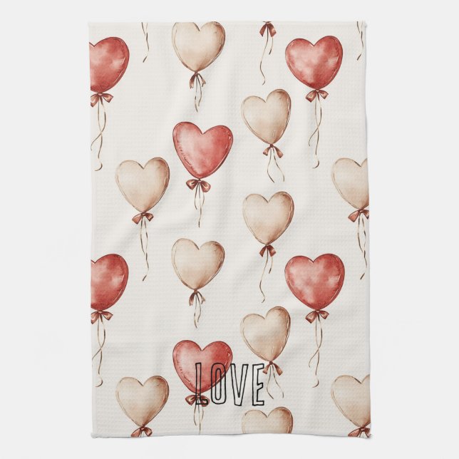 Red Cream Heart Balloons Tea Towel (Vertical)
