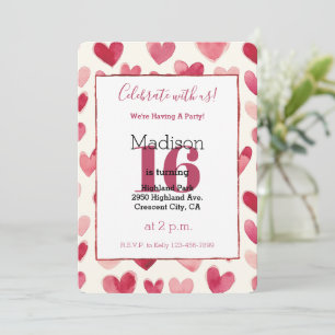 Red Cream Hearts 16th Birthday Invitation