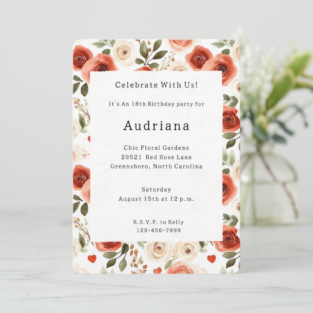 Red Cream Hearts and Flowers Birthday Invitation (Standing Front)