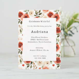 Red Cream Hearts and Flowers Birthday Invitation