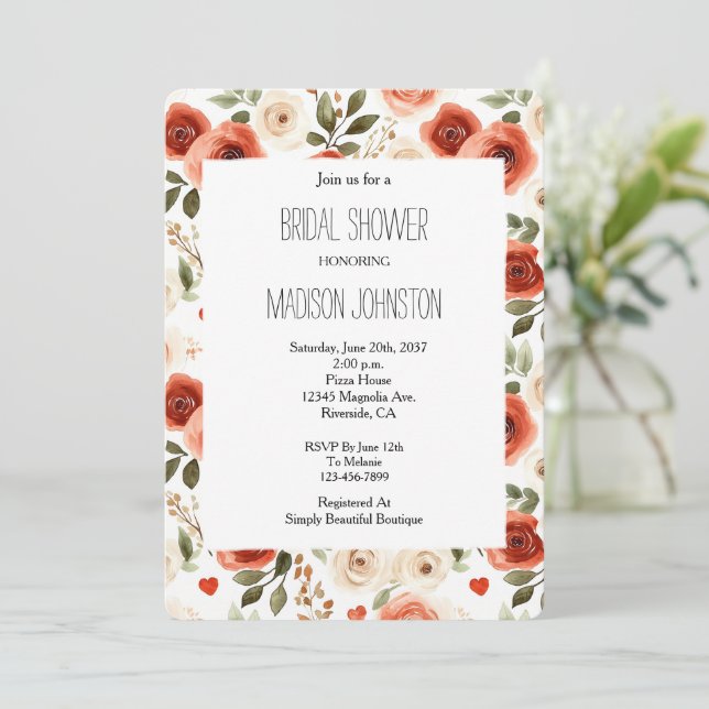 Red Cream Hearts and Flowers Bridal Shower Invitation (Standing Front)
