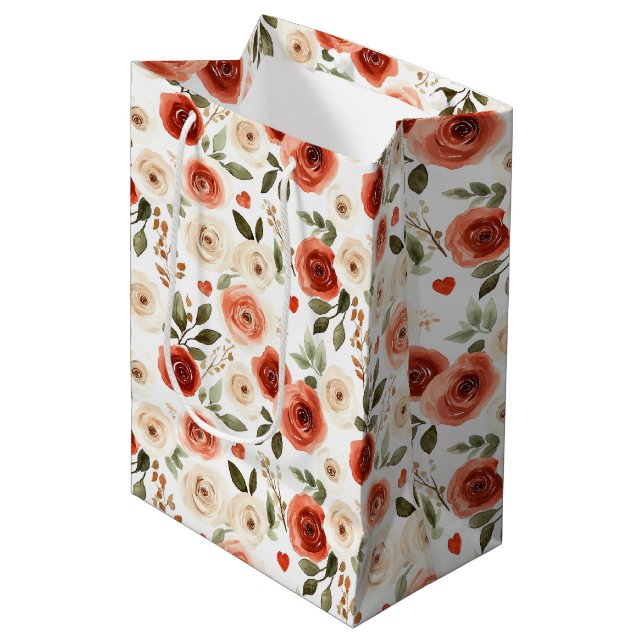 Red Cream Hearts and Flowers Bridal Shower Medium Gift Bag (Front Angled)