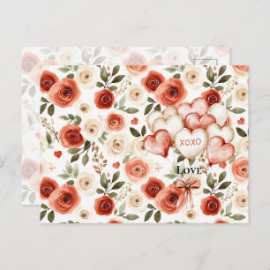 Red Cream Hearts and Flowers Hearts Balloons Postcard