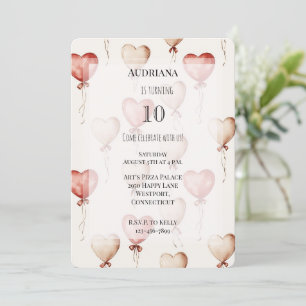 Red Cream Hearts Balloons Birthday Invitation
