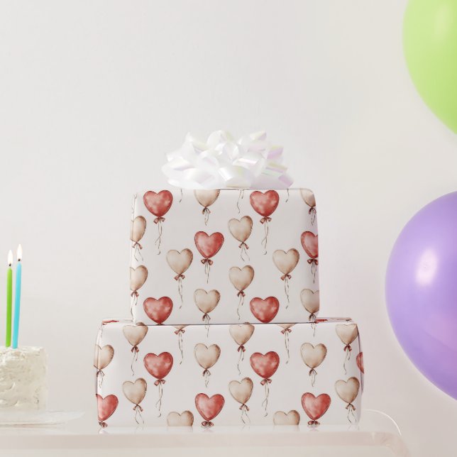 Red Cream Hearts Balloons Birthday Wrapping Paper (Party Gifts)