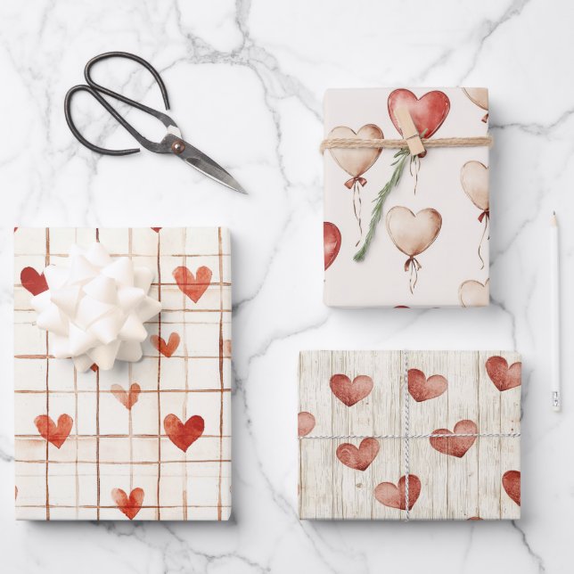 Red Cream Hearts Balloons Birthday Wrapping Paper Sheet (Front)