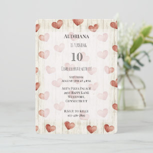 Red Cream Hearts Faux Wood Birthday Invitation