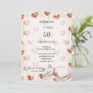 Red Cream Hearts Faux Wood Cat Birthday Invitation