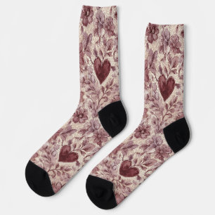 Red Cream Hearts Floral Socks