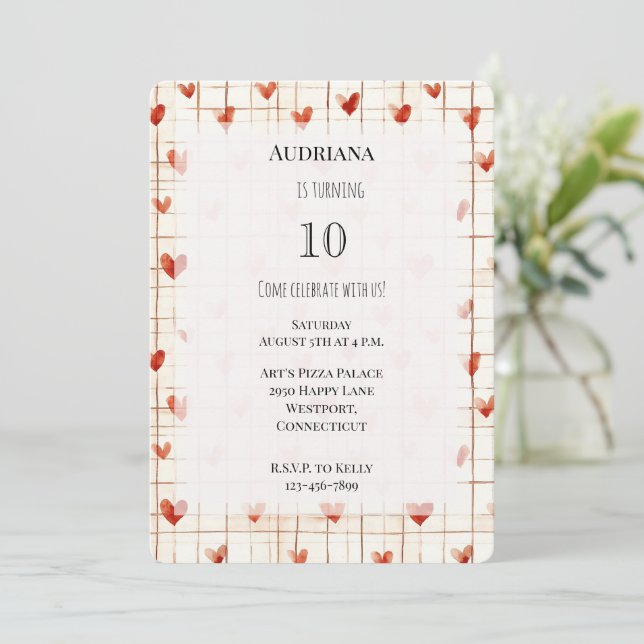 Red Cream Hearts Lines Birthday Invitation (Standing Front)