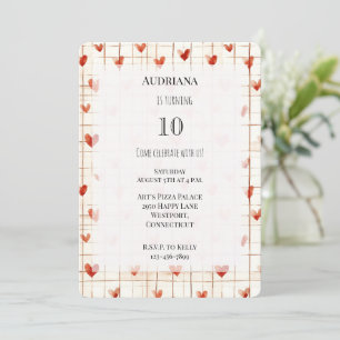 Red Cream Hearts Lines Birthday Invitation
