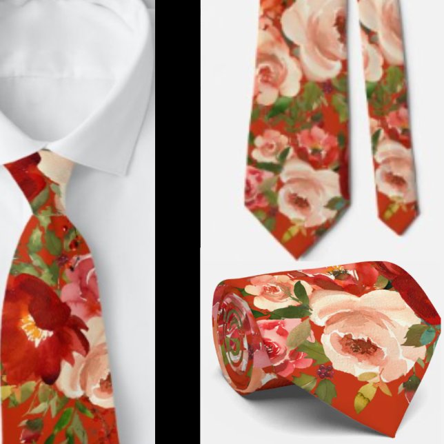 Red Cream Ivory Roses Floral Neck Tie (Creator Uploaded)