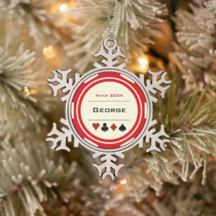 Red Cream Las Vegas Casino Poker Chip Christmas Snowflake Pewter Christmas Ornament