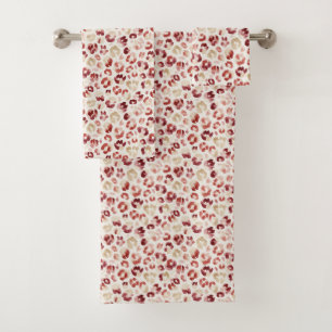 Red Cream Leopard Animal Print Bath Towel Set