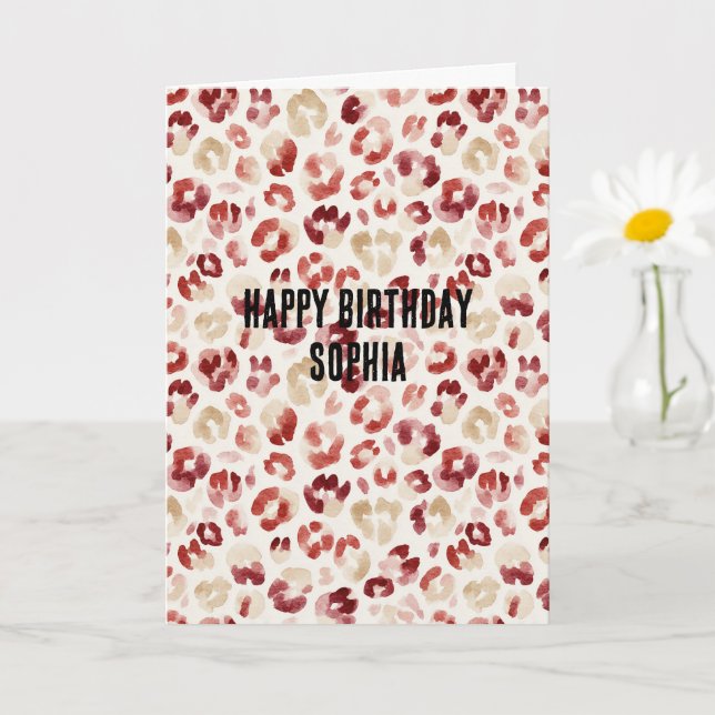 Red Cream Leopard Animal Print Birthday Card (Small Plant)