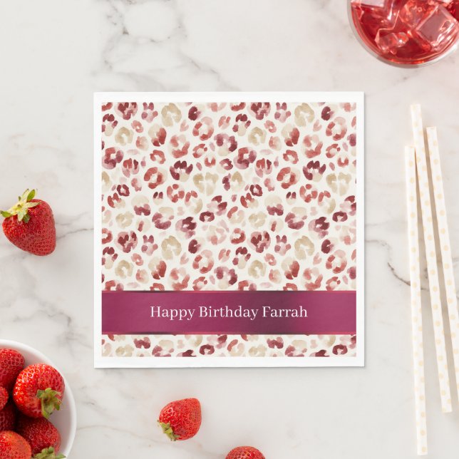Red Cream Leopard Animal Print Birthday Napkin (Insitu)