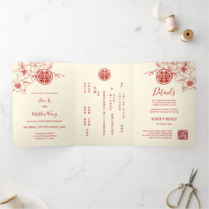 Red Cream Magnolia Chinese Wedding Tri-Fold Invitation