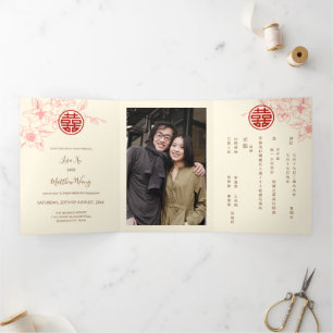 Red Cream Magnolia   Photo Chinese Wedding Tri-Fold Invitation