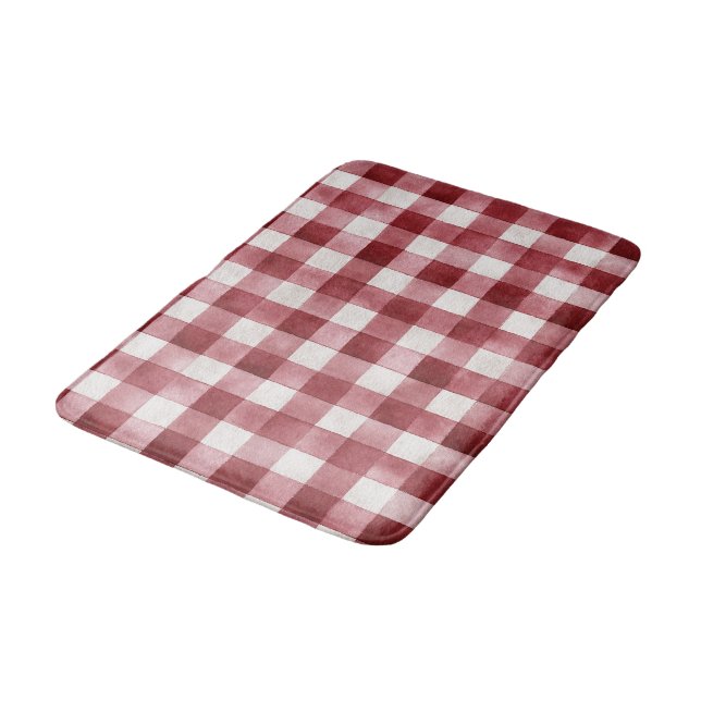 Red Cream Plaid Stripes Bath Mat (Angled)
