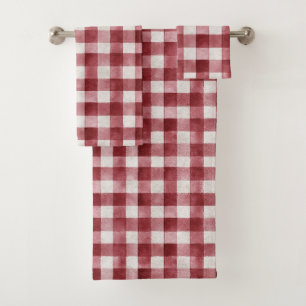 Red Cream Plaid Stripes Bath Towel Set