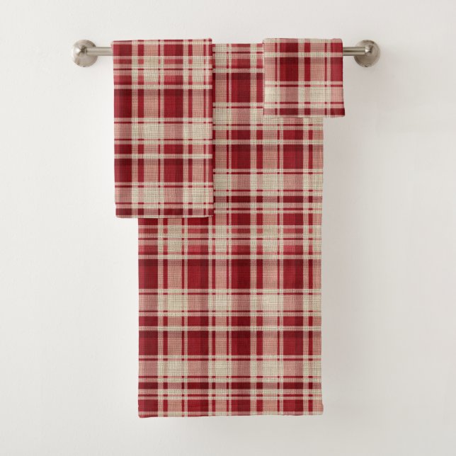 Red Cream Plaid Stripes Bath Towel Set (Insitu)