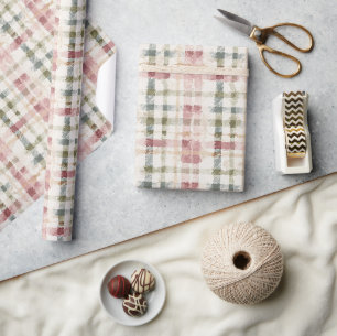 Red Cream Plaid Stripes Birthday Wrapping Paper