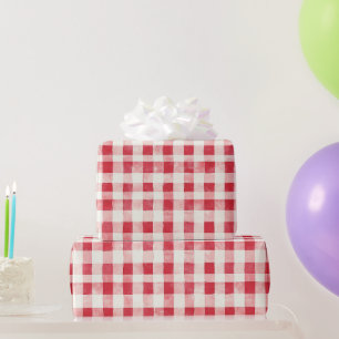 Red Cream Plaid Stripes Birthday Wrapping Paper