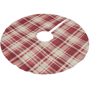 Red Cream Plaid Stripes Brushed Polyester Tree Skirt