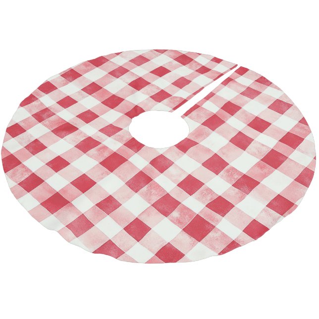 Red Cream Plaid Stripes Christmas Brushed Polyester Tree Skirt (Angled)