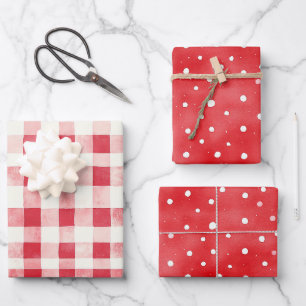 Red Cream Plaid Stripes Dots Birthday Wrapping Paper Sheet