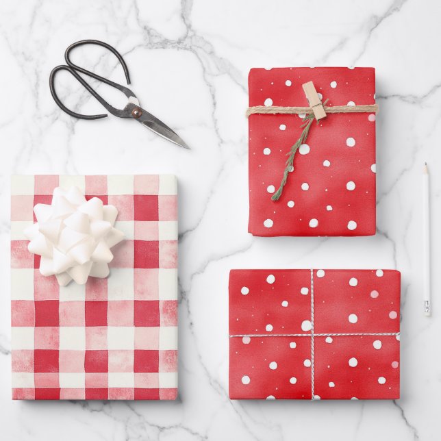 Red Cream Plaid Stripes Dots Birthday Wrapping Paper Sheet (Front)