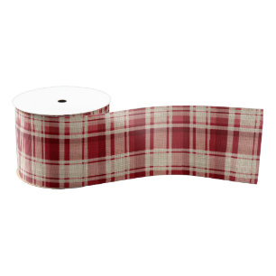 Red Cream Plaid Stripes Grosgrain Ribbon