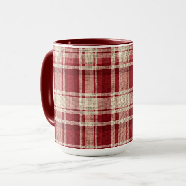 Red Cream Plaid Stripes Mug (Front Left)