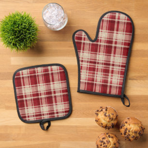 Red Cream Plaid Stripes Oven Mitt & Pot Holder Set