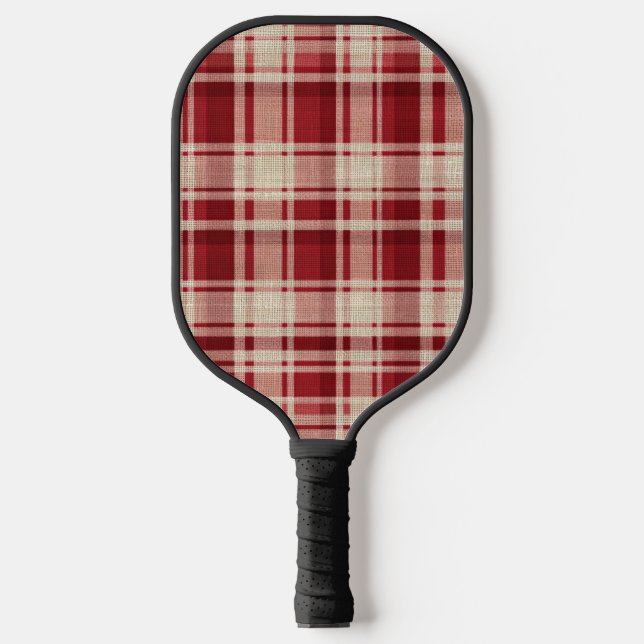 Red Cream Plaid Stripes Pickleball Paddle (Front)