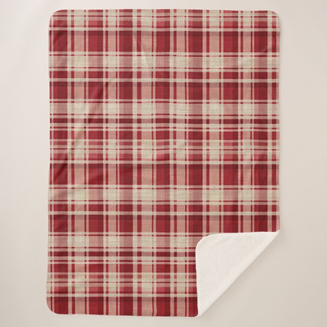 Red Cream Plaid Stripes Sherpa Blanket (Front)