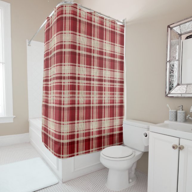 Red Cream Plaid Stripes Shower Curtain (In Situ)