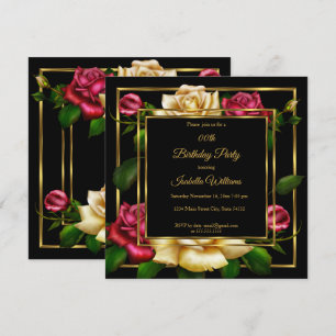 Red cream Rose floral Gold black Birthday Party Invitation