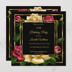 Red cream Rose floral Gold black Birthday Party Invitation