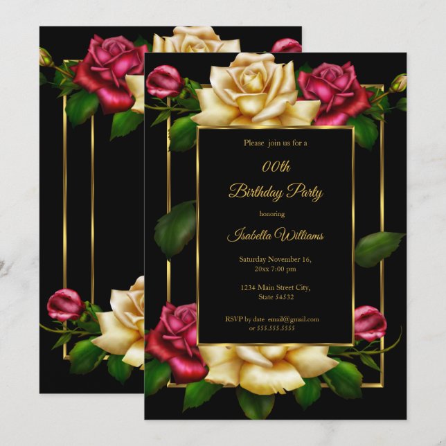 Red cream Rose floral Gold black Birthday Party Invitation (Front/Back)