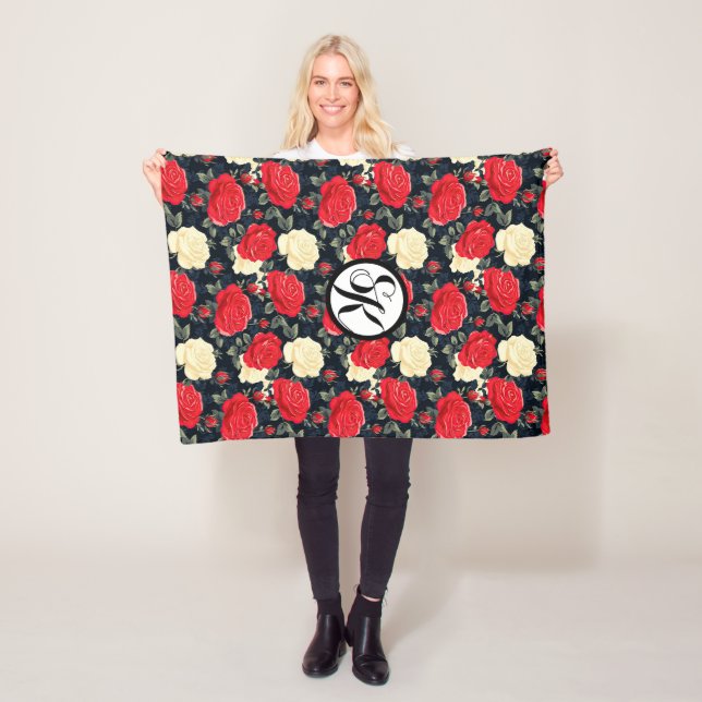 Red & Cream Rose Patterned Monogram Fleece Blanket (In Situ)