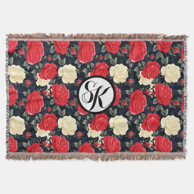 Red & Cream Rose Patterned Monogram Throw Blanket (Front)